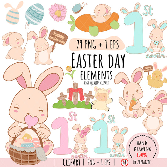 Easter Rabbit Clipart, My First Easter Clipart, Cute Easter Bunny Elements, Spring Clip Art, Digital Download for Crafts, Kids Easter Designs.