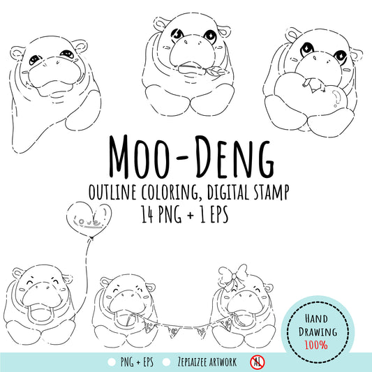 Moo-Deng hippopotamus coloring page and digital stamp, Hippopotamus Illustration, Printable Moo-Deng hippopotamus Art for Kids.