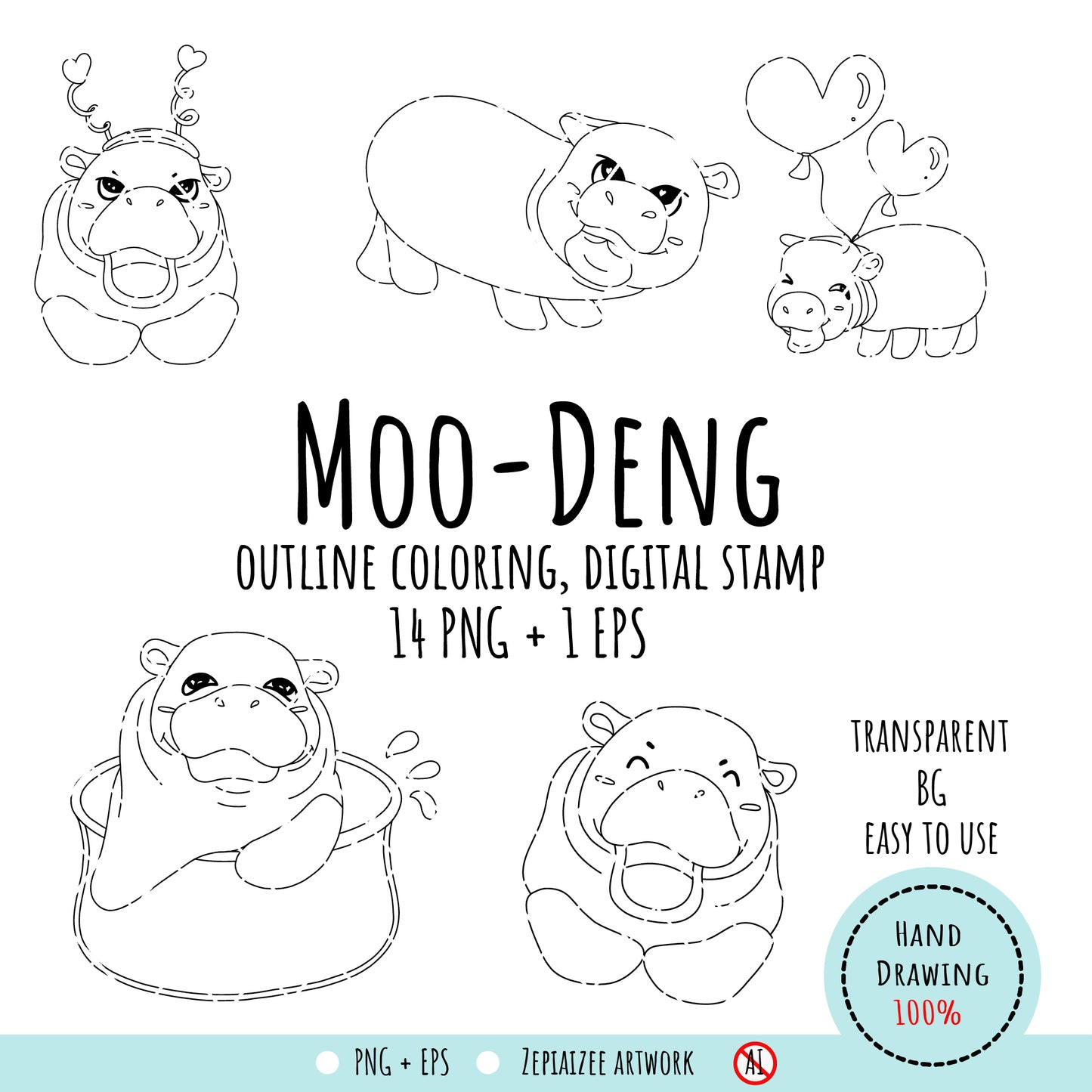 Moo-Deng hippopotamus coloring page and digital stamp, Hippopotamus Illustration, Printable Moo-Deng hippopotamus Art for Kids.