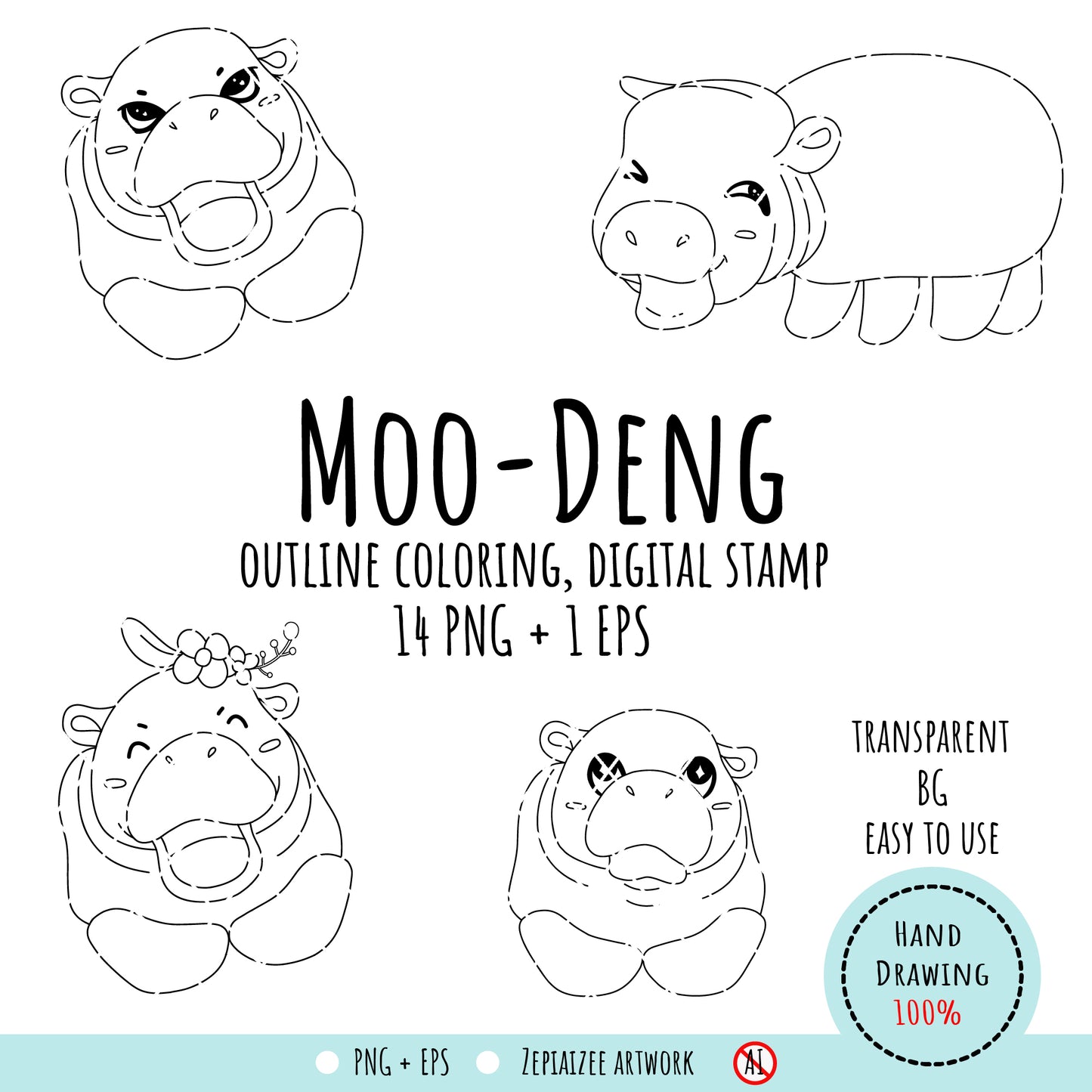 Moo-Deng hippopotamus coloring page and digital stamp, Hippopotamus Illustration, Printable Moo-Deng hippopotamus Art for Kids.