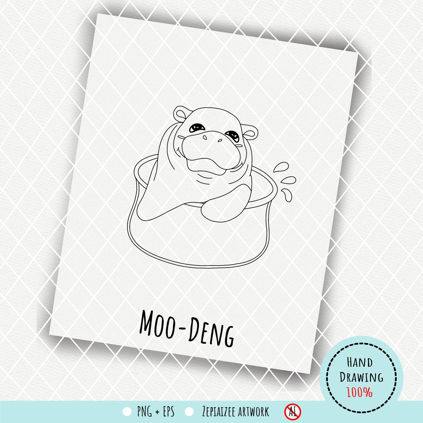 Moo-Deng hippopotamus coloring page and digital stamp, Hippopotamus Illustration, Printable Moo-Deng hippopotamus Art for Kids.